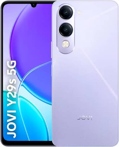 Smartphone JOVI Y29s 5G, 256GB, 8+8GB RAM Turbo, Dimensity 6300 2.4GHz, câmera dupla 50MP, tela 6,7" 90Hz, bateria 6000mAh com carregamento 44W, IP64, Android 15, Violeta Cristal