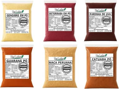 Kit Gengibre-Guaraná-Catuaba-Maca Peruana-Beterraba-Farinha de Uva (100grs de Cada)