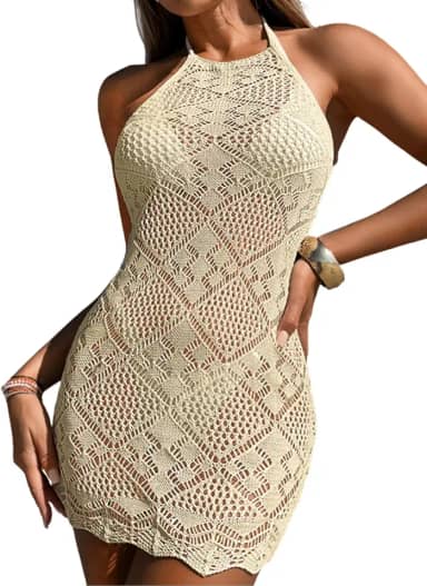 Saída de praia com estampa de diamante, vazada, boho, crochê, minivestido feminino