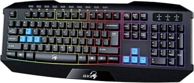 Teclado Gamer Genius Scorpion K215 (USB/Tecla côncava/Multimídia/Resistente à Respingos/Iluminação Rainbow 7 cores/Cabo 1,5m)