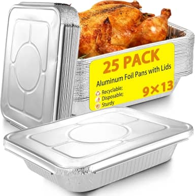 Formas de alumínio 22 x 33 cm com tampas – pacote com 25 formas descartáveis de metade do tamanho para assar bolos no forno, assar peru, preparar alimentos, armazenar, congelar, irritar