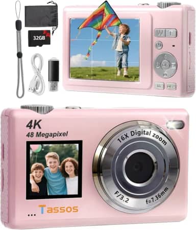 Câmera digital, câmera para vlogs, câmera fotográfica 48MP 4K - Câmera digital compacta com tela dupla, cartão de 32 GB, zoom digital de 16x e estabilizador de imagem para e iniciantes. (Rosa)
