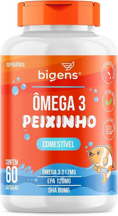 Ômega 3 Peixinho, Concentrado em EPA e DHA, Sabor laranja, 60 Caps Mastigáveis, Bigens