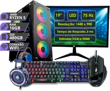 Computador Pc Gamer Cpu Completo Amd Ryzen 5 16gb Ssd 480 Monitor 19