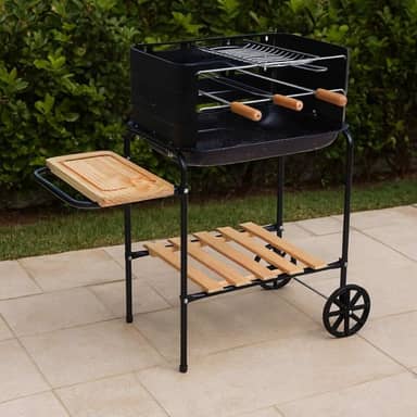 Churrasqueira Califórnia com Rodas, Bacia Esmaltada e Acessórios – Desmontável, Portátil e Ideal para Churrascos em Família Inclui Tábua, 2 Espetos, Grelha e Suporte
