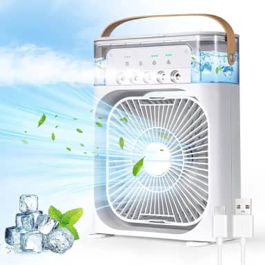 Ventilador de ar condicionado portátil, Mini Ar Condicionado Umidificador Climatizador com tanque de água de 600ml, 3 velocidades de vento e pulverizador de 5 furos com luz LED de 7 cores