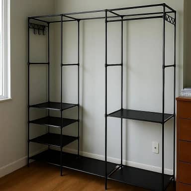 Arara de Roupas Tripla Cabideiro Metálico Ajustável – Closet Aramado p/Quarto, Sapateira + Prateleira, Guarda-Roupa Casal Grande Cor Preta, Montagem Fácil