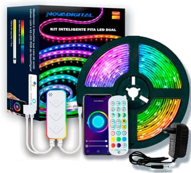 Kit Fita De Led Inteligente RGB Fita Led Com Controle 5m Dual Nova Digital 16 Milhões de Cores Função Music Compatível Alexa e Google Home