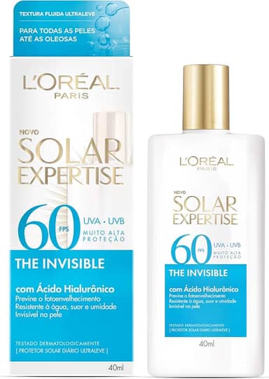 L'Oréal Paris Solar Expertise, Protetor Solar Facial The Invisible Fluido FPS60 com Ácido Hialurônico e Tecnologia NETLOCK, Alta Proteção Solar com Ação Anti-Idade, Sem Cor 40g