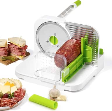 Starfrit Fatiador de delicatessen – fatias de carne, queijo, pão – lâmina de aço inoxidável de 16,5 cm – puxador de espessura ajustável – encaixável para fácil armazenamento | Descascador de alho de