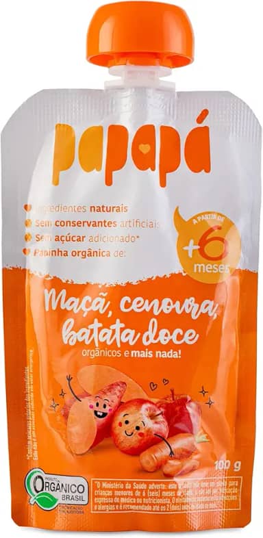 Papapá, Papinha Orgânica de Frutas, Sabor Maçã, Cenoura e Batata Doce, 100g, Sem Açúcar Adicionado, Ingredientes Naturais