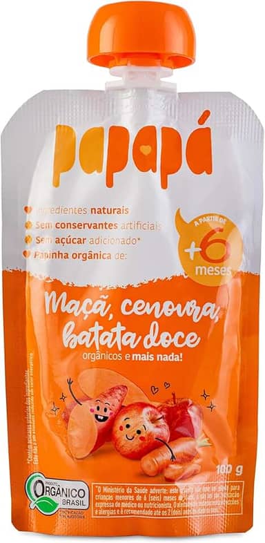 Papapá, Papinha Orgânica de Frutas, Sabor Maçã, Cenoura e Batata Doce, 100g, Sem Açúcar Adicionado, Ingredientes Naturais
