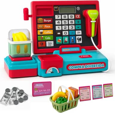 Caixa Registradora Infantil Brinquedo Educativo Cozinha Interativa Mercadinho Criança Luz Som Dinheiro Cartões Acessórios (Vermelho)