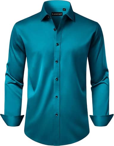 Camisa social masculina de manga comprida, elástica, sem rugas, para casamento, formal, negócios, com botões