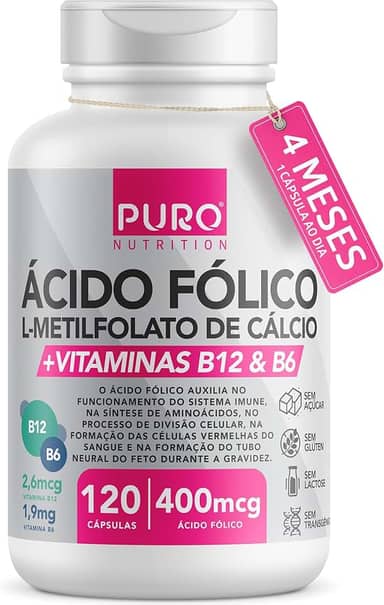 L-Metilfolato Ácido Fólico Puro Nutrition, 400 mcg de Ácido Fólico, Vitaminas B12 e B6, 120 Cápsulas