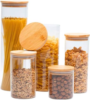 Potes Herméticos de Vidro com Tampa Bambu Porta Mantimentos Transparente Kit 5 Unidades