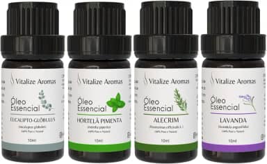 Kit 4 Óleo Essencial Eucalipto, Hortelã Pimenta, Lavanda, Alecrim Vitalize Aromas 100% Puro e Natural - Óleos Essenciais para Massagem, Aromaterapia, Difusor de Aromas - Vegano, Cruelty-Free