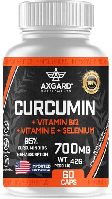Curcuma (Extrato de rizomas de cúrcuma (Curcuma longa L.) + Vitamina B12 + Selênio e Vitamina E - 95% de curcumoides - 130 mg de rizomas de curcumina - 60 softcaps - Axgard Supplements