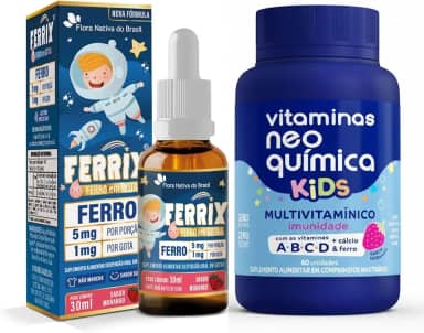 Kit Nutrição Infantil Completa – Ferrix Ferro Infantil 30 ml + Vitamina Kids Neo Química 60 Cápsulas – Suporte ao Crescimento e Imunidade – Sabor Morango