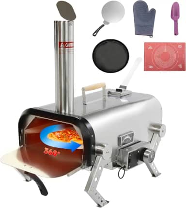 Forno de pizza ao ar livre de aço inoxidável, fogão de pizza a lenha com pedra de pizza giratória automática de 30 cm, churrasqueira portátil para festas de quintal, acampamento e piqueniques