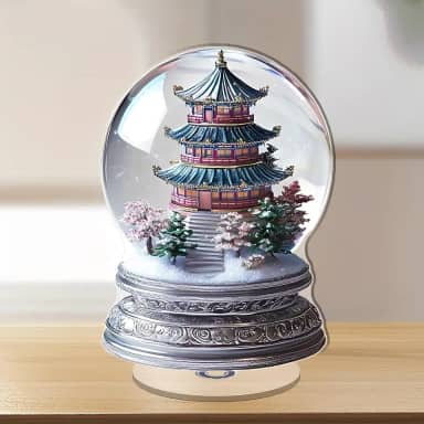 Globo de neve pagode com árvores nevadas, enfeite de acrílico giratório para alívio de estresse, adequado para decoração de casa. Ideia de presente para Natal, aniversário, aniversário, dia dos