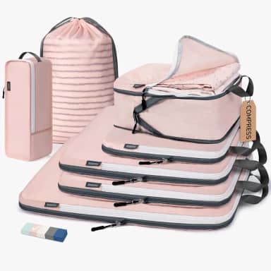 CherryNow Cubos de compressão, 7 conjuntos de organizadores de mala para viagem, itens essenciais de viagem para mala, bolsas organizadoras de bagagem para viagem, rosa