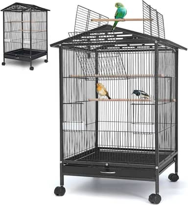 86 * 46.5 * 45.5 cm Gaiola de Pássaro Grande com Teto Duplo, Gaiola Porta-Pássaros Doméstica Portátil, Gaiola de Pássaro Grande com Caixa de Comida e Poste, Gaiola para Periquito