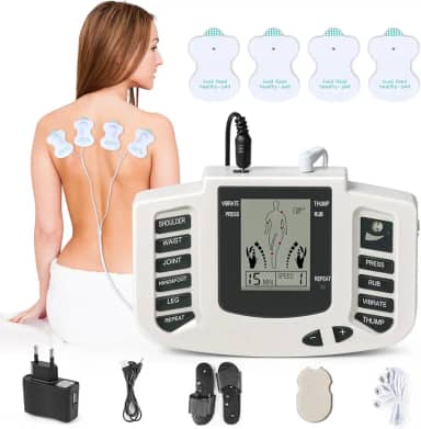 Aparelho Massageador Fisioterapia, Aparelho de Fisioterapia TENS Portátil com Eletrodos, Acompanha Chinelo e 4 Pares de Adesivos, Aparelho Massageador de Fisioterapia com 8 Modos e Eletrodos