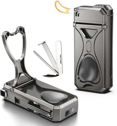 Isqueiro de cachimbo, isqueiro 4 em 1 com suporte de tubo, 3 ferramentas dobráveis de limpeza de tubos, butano recarregável, conjunto de cachimbos masculino presente (cinza)