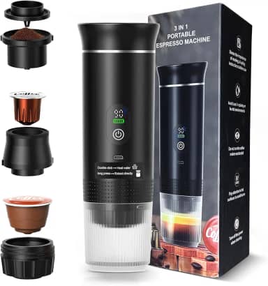 Máquina de Café Portátil 3 em 1, Cafeteira Expresso Portátil Elétrico com Bateria 2500mAh, Display Digital, Compatível com Cápsulas e Pó, 72W, 150ml, Preto
