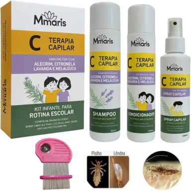 Kit Shampoo Piolhos E Lêndeas Condicionador Spray Capilar Creme De Pentear Terapia Capilar + Pente Fino De Ferro Aço Inox Cor Rosa