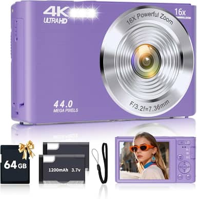 Câmera Digital Roxa FHD 4K 44MP com Cartão SD de 64 GB, Zoom Digital de 16x, Câmera para Adolescentes e Crianças