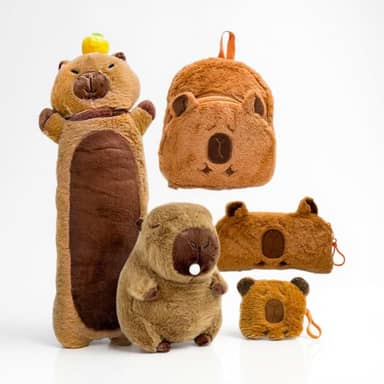 Kit Capivara com 5 Itens da Marca Polibrinq - Capivara de Pelúcia + Almofada + Mochila + Estojo + Porta-Objetos