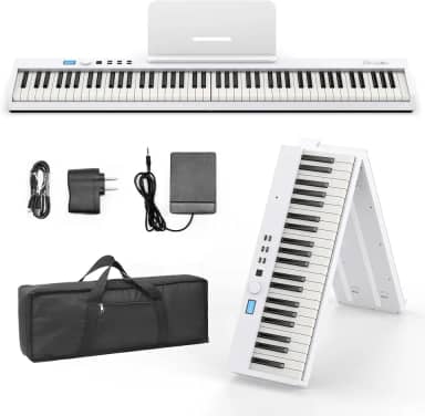 BESFAN Piano BSP-10F com teclado portátil de 88 teclas, teclado semipesado, 128 tons, USB MIDI, pedal de sustentação, suporte de música para presentes iniciantes, branco