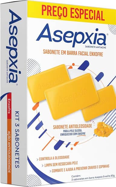 Kit Asepxia Sabonete Em Barra Facial Enxofre Antiacne Para Pele Oleosa, Controla Oleosidade E Acne, Tratamento Facial Profundo Com Enxofre, 80g, 3-Pack