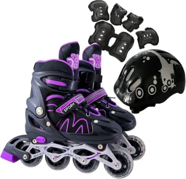 Patins Roller Inline 4 Rodas Skates Ajustavél com Roda Iluminada Jovens e Adultos, Para iniciantes, Uso Interno e Externo + Kit Completo com Capacete e Proteções