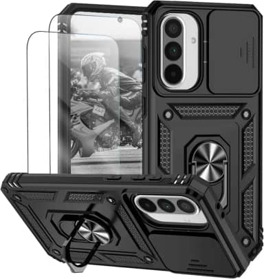 Capa para Samsung Galaxy A56 e A36 Capinha | com 2 peças de protetor de tela temperado com janela deslizante da câmera e suporte para telefone incluídos - Preto