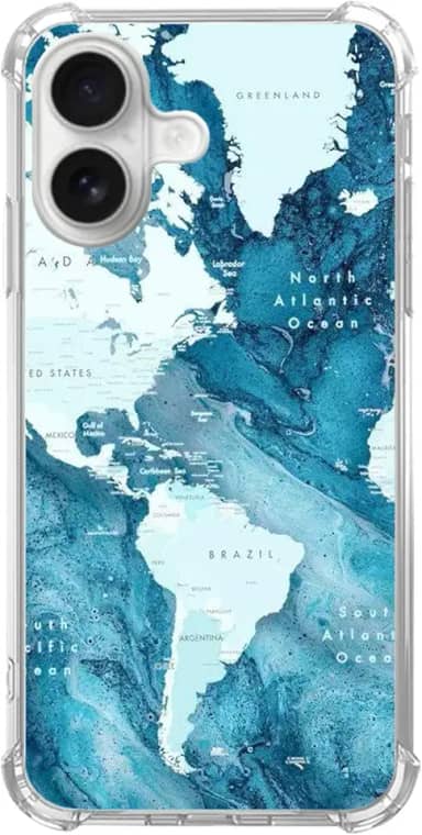 Capa de celular com mapa do mundo azul estética compatível com iPhone 16 Plus, mapa dos oceanos azuis fina, à prova de choque, capa protetora de TPU para iPhone 16 Plus