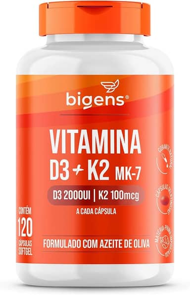 Vitamina D3 2000UI + K2 MK-7 100mcg, Formulado com azeite de oliva, Biogens (120 cápsulas)