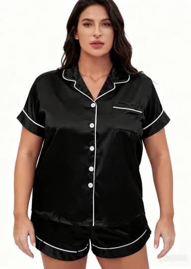 Pijama feminino de cetim de 2 peças, gola cubana e lapela, conjunto de pijama respirável e confortável para dormir, férias, casa, Preto, G