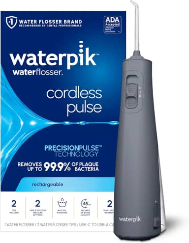 Waterpik Flosser de água portátil recarregável sem fio para dentes, gengivas, suspensórios e viagens com 2 pontas de fio dental, impermeável, aceito pela ADA, cinza WF-20, embalagem pode variar