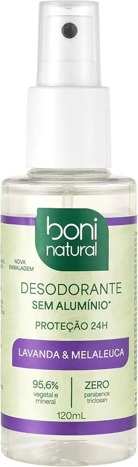 Desodorante Spray Natural e Vegano com Óleos Essenciais de Melaleuca e Lavanda, 24 horas de proteção, Sem Alumínio, Sem Parabenos, Sem Triclosan, Boni Natural, 120ml