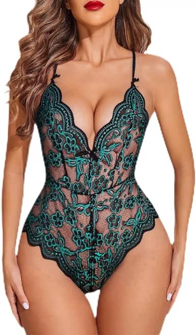 Lingerie feminina sexy de renda, body de pelúcia, gola V, Babydoll Snap Crotch, conjunto de lingerie de uma peça, Preto e verde, M