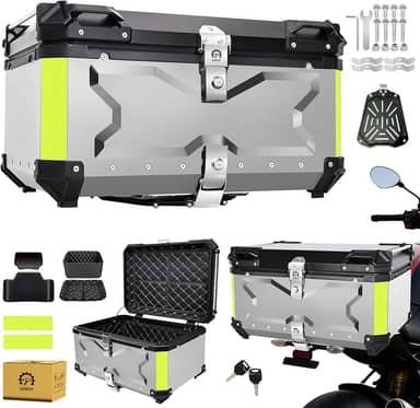 Bau para Moto de Alumínio - Baú Moto Bauleto 65 Litros Modelo Universal, Alto Volume Impermeável, trava dupla para proteção contra roubo (Prata)