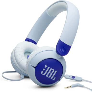 JBL Junior 320 - Fones de ouvido infantis com fio, som seguro (<85dB), microfone embutido, adequado para crianças e personalizável com adesivos incluídos (azul)