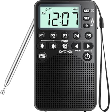 Rádio AM/FM Portátil com Tela LCD, Alto-Falante, Predefinição, Temporizador de Sono, Despertador, Soneca, Operado por Bateria, Preto