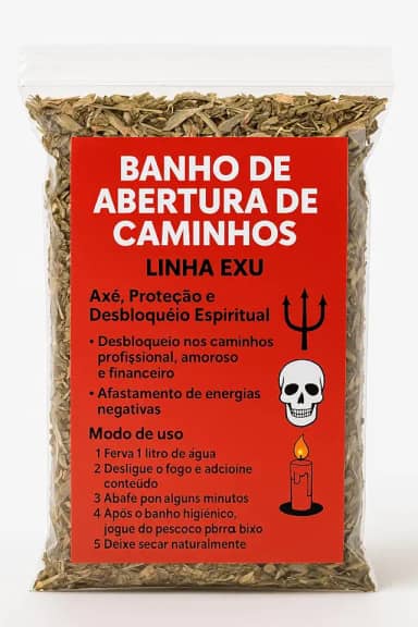 Banho de Ervas de Exu para Abertura de Caminhos, Mistura Natural com Aroeira, Sálvia, Hortelã e Folha de Manga, Limpeza e Desbloqueio Espiritual