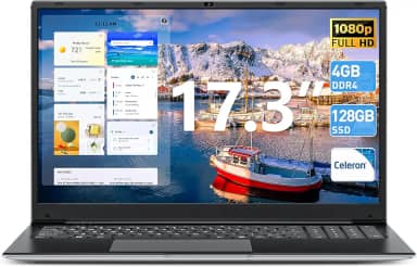 SGIN Laptop de 17,3 polegadas, laptops Windows 11 com processador Celeron I3, SSD portátil comum de 4 GB DDR3 de 128 GB, tela IPS FHD, HDMI, WiFi 5G, BT4.2, Type-C, para estudantes e negócios (preto)