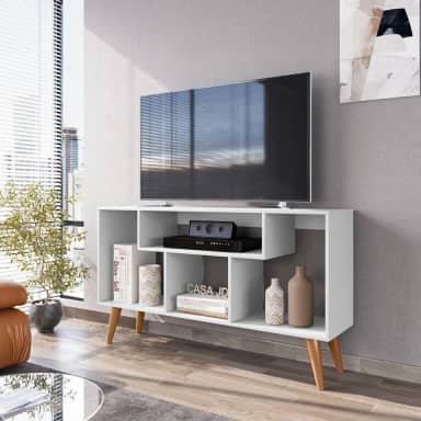 Rack Bancada Para Tv De Até 43 Polegadas Com Prateleira E Nichos Para Sala De Estar Casa Jd (Branco)