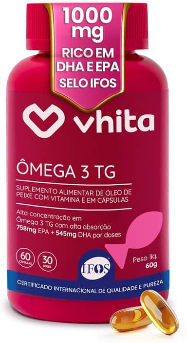 Vhita Omega 3 1000mg, Suplemento com EPA DHA e Vitamina E, Antioxidante, 60 Cápsulas